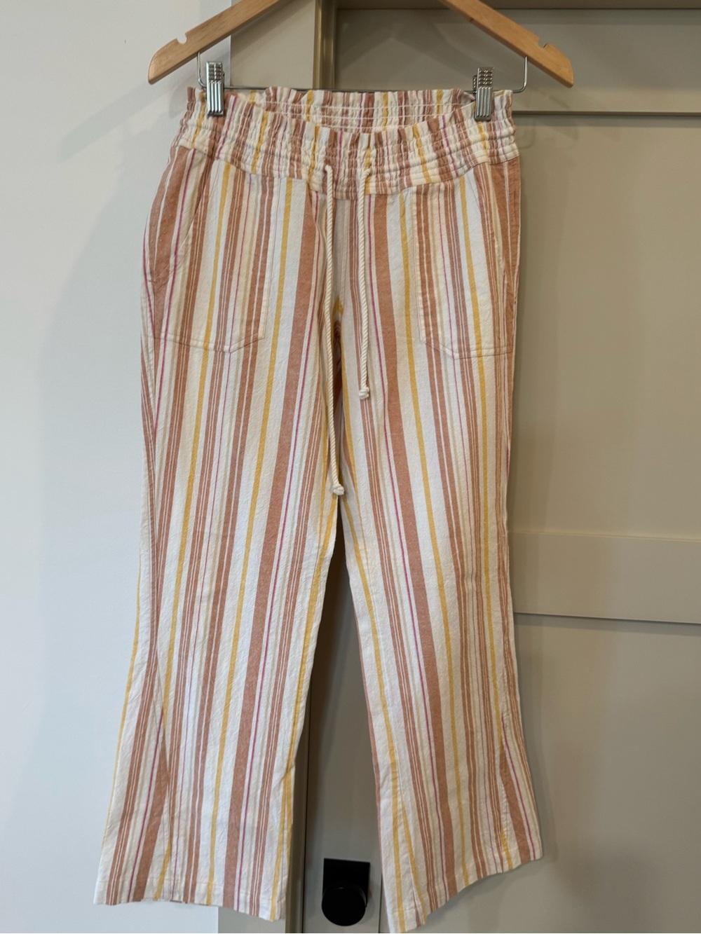 Roxy Striped Linen-Blend Drawstring Pants with pockets in Cream, Mustard & Rust